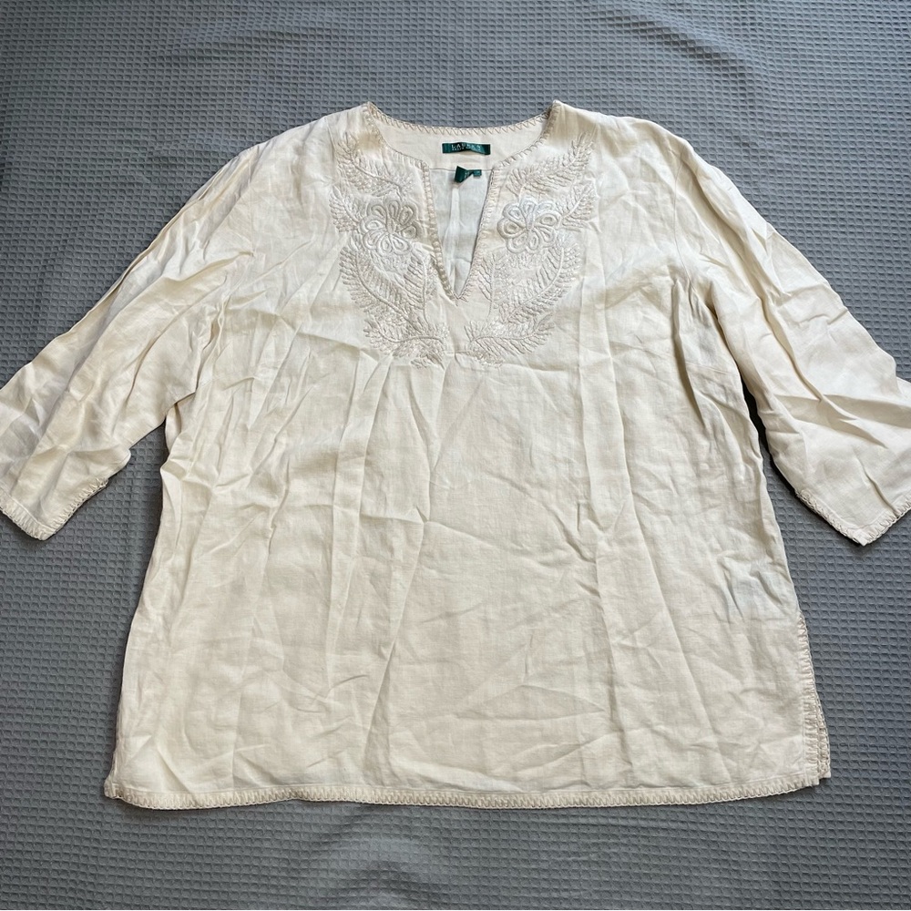 Lauren Ralph Lauren 100% Linen Tunic Blouse 2X Womens Embroidered Popover 3/4